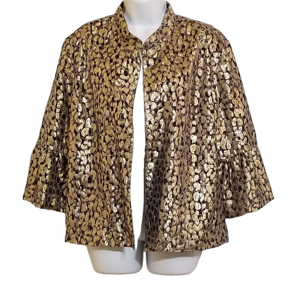 Chico's Open Jacket Size L Vintage Gold Metallic Silk Blend Flared Bracelet Slve